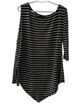 EUC Women’s Grey & White Open Shoulder Striped Asymmetrical Tunic Top Size Med